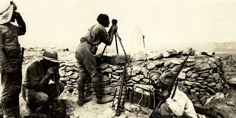 A British artillery officer with Armenians at a forward observation post, September 1918