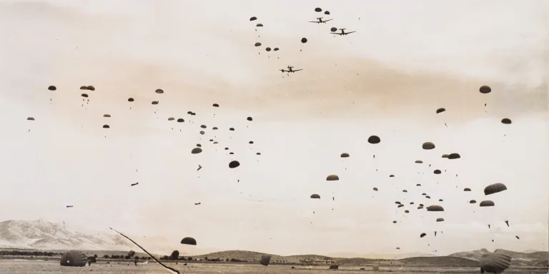 British paratroopers dropping onto an airfield near Athens, 1944