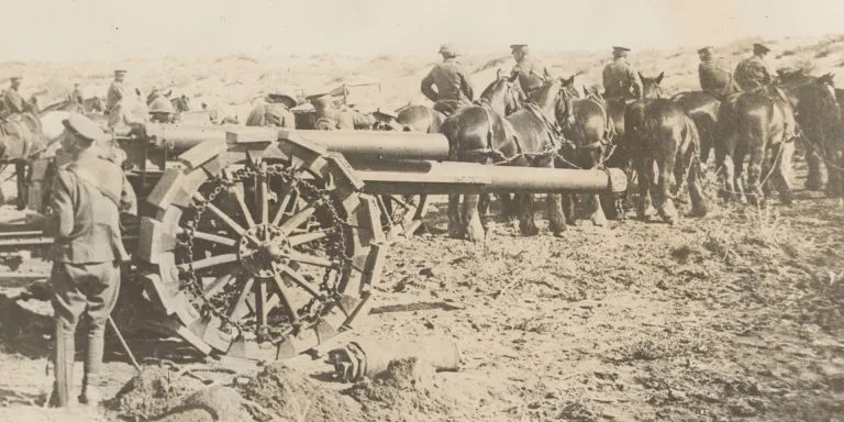 Horses pulling heavy howitzers, c1916
