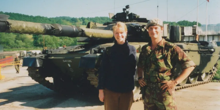 A civilian liaison officer with an officer of the Royal Scots Dragoon Guards and Challenger tank, Bosnia, 1996