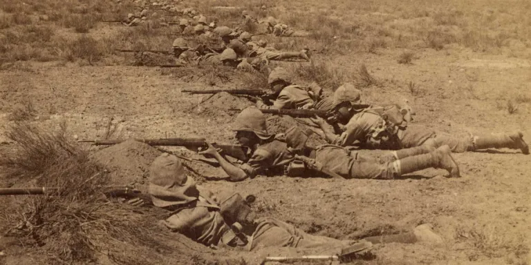 British infantry take cover, Orange Free State, c1899