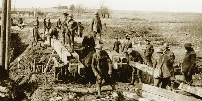 Royal Engineers bridging a stream, c1917