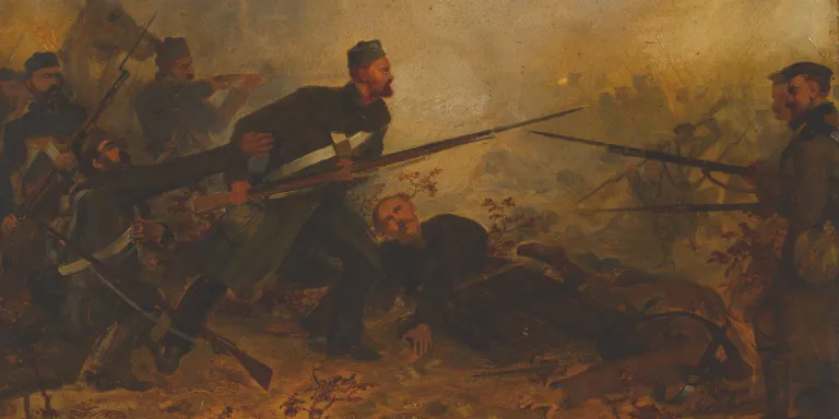 Private John McDermond, 47th (The Lancashire) Regiment of Foot, winning the VC by saving Colonel Haly at Inkerman, on 5 November 1854