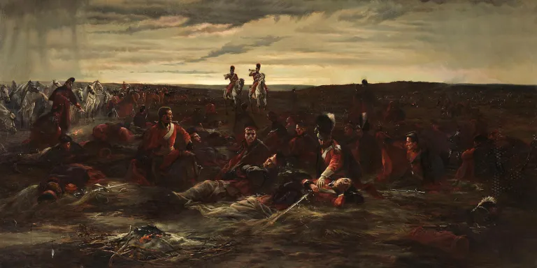 ‘Dawn of Waterloo’. The 'Reveille' in the bivouac of the Scots Greys on the morning of the battle, 1815
