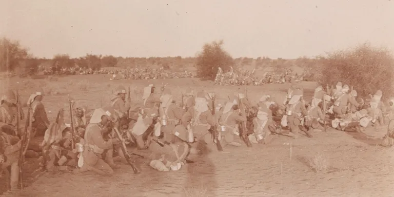Soldiers of the Lincolnshire Regiment resting on march to Atbara in the Sudan, 1898