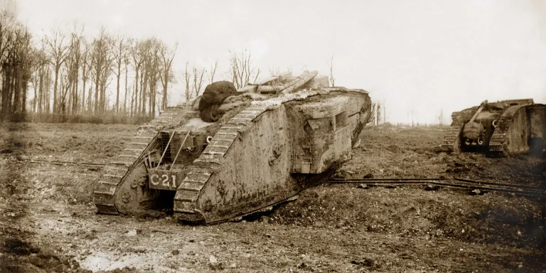 Mark II tanks of ‘C' Battalion, The Tank Corps go into action during the Battle of Arras, 1917
