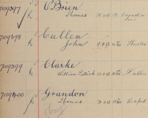 Detail from the enlistment record of Thomas O’Brien (7109397) of the Royal Irish Regiment