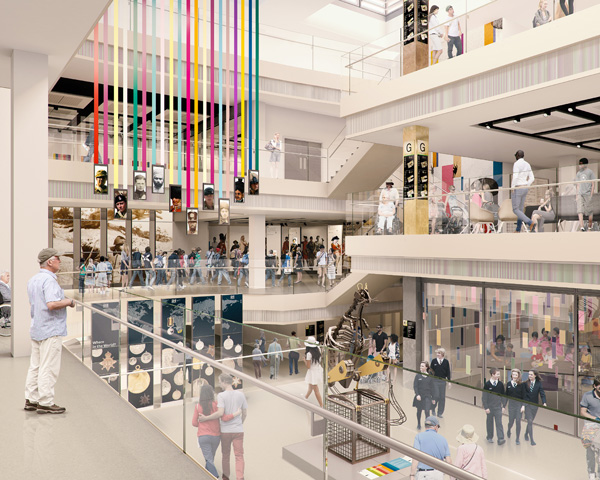 A visualisation of the Museum's atrium looking out to the galleries