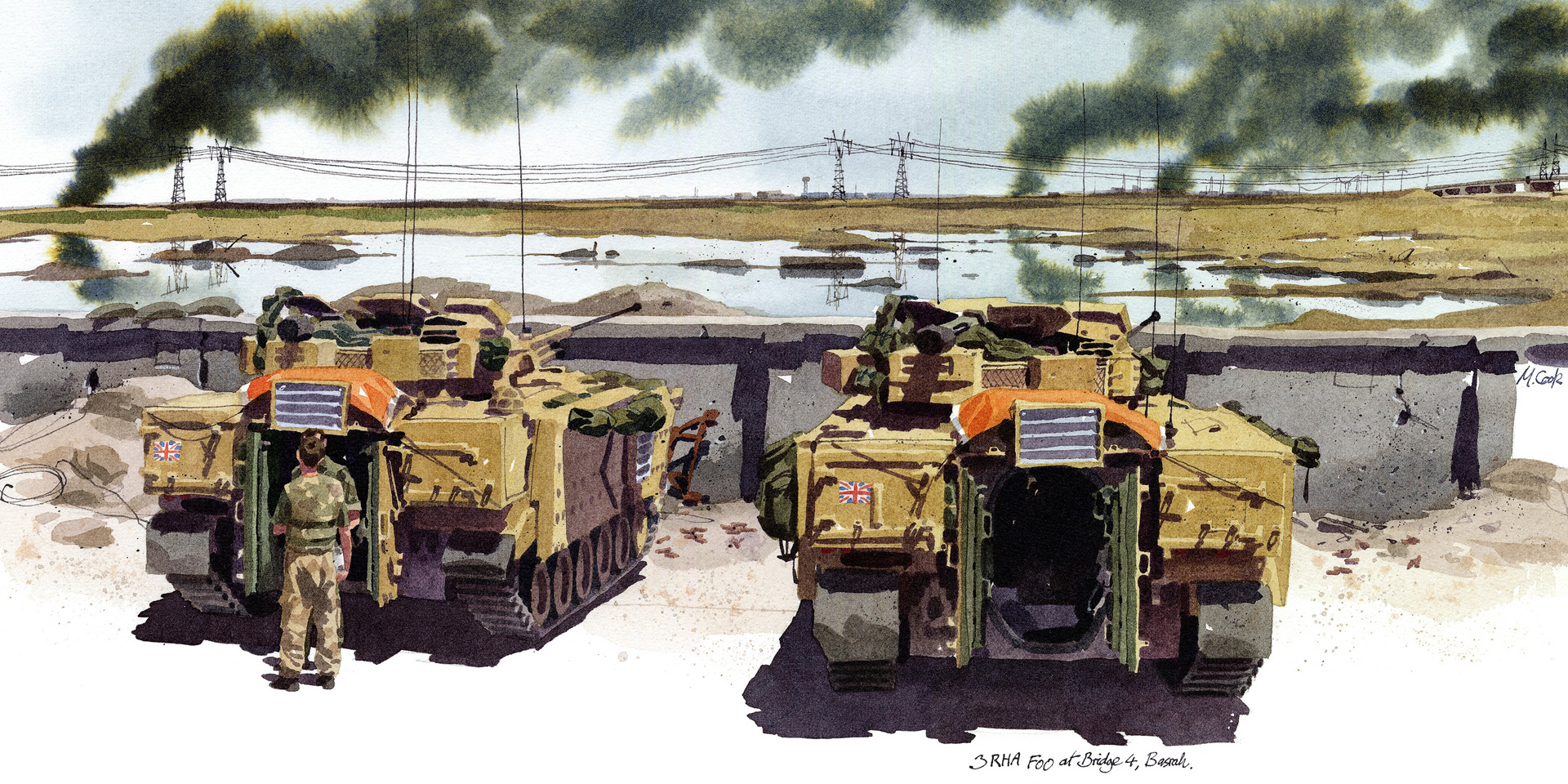 Coloured acrylic ink with pen and ink, signed middle right 'M. Cook', by Matthew Cook, 'The Times' War Artist, 2003