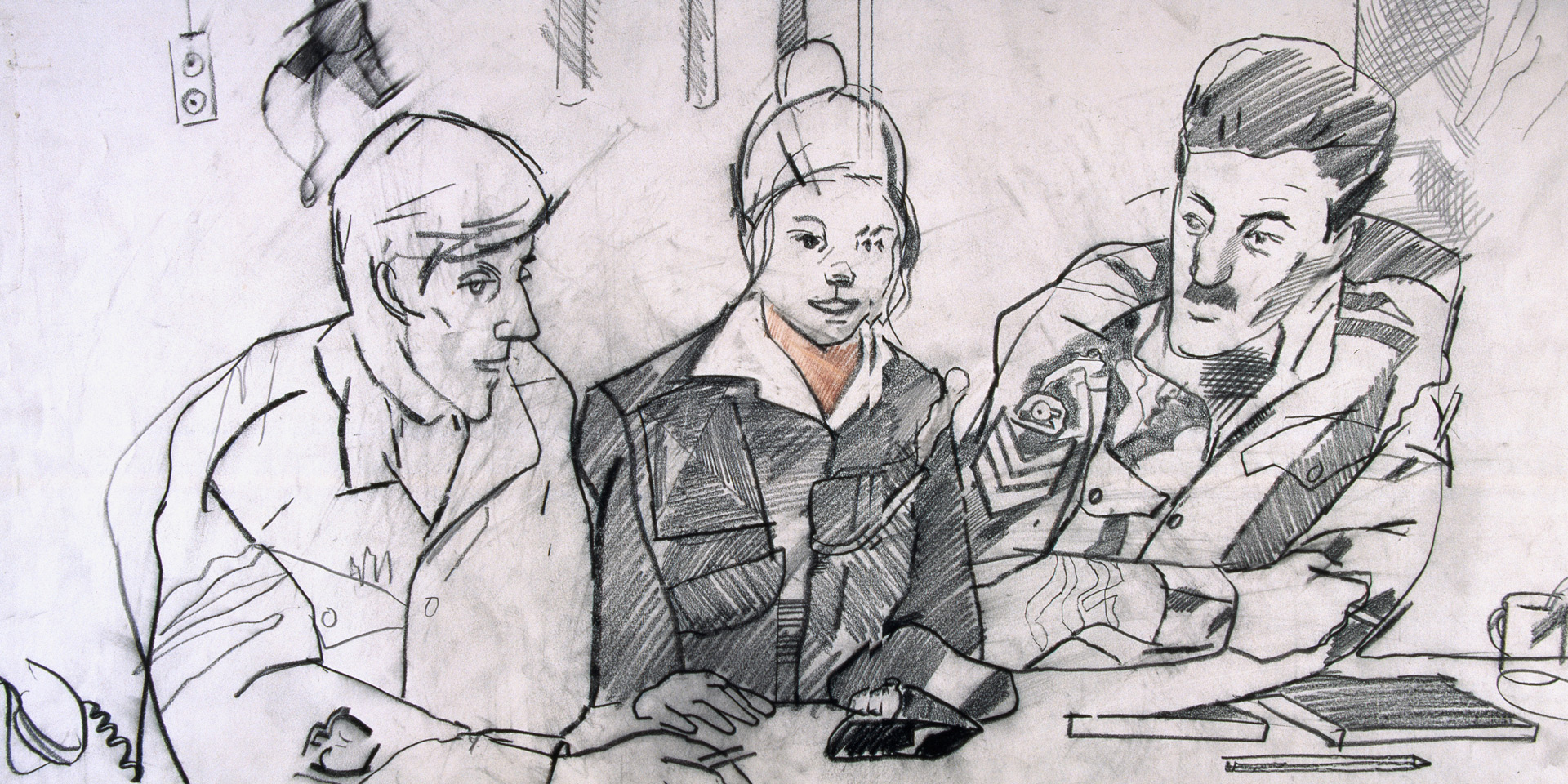 Drawing of Private Curley of the Women's Royal Army Corps with two officers of the Royal Horse Artillery, 1974