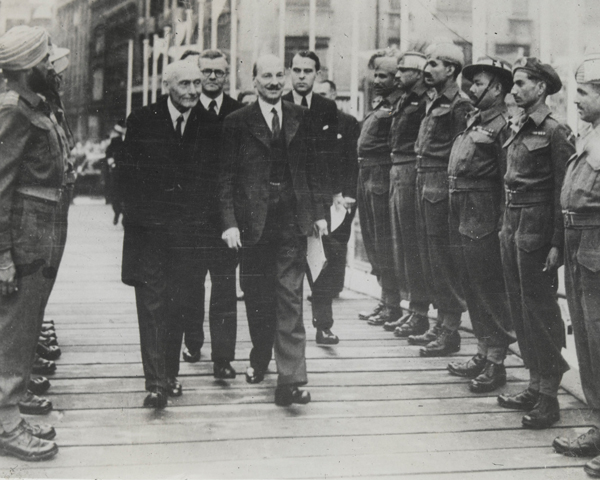 Clement Attlee meets representatives of 10th Indian Division, 1945. Atlee was Prime Minister when India and Pakistan gained their independence in 1947