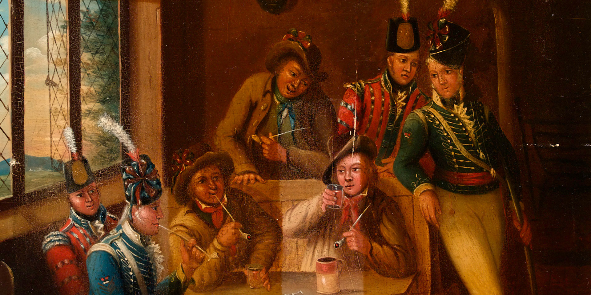 A recruiting party, including infantry and light dragoons, drinking and smoking in a tavern, 1805