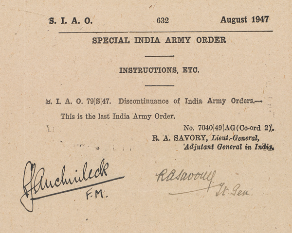 The Last Indian Army Oder, printed at New Delhi on 14 August 1947