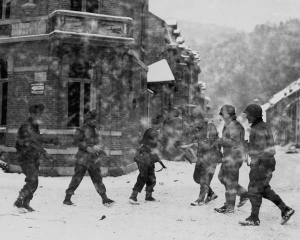 British and American troops meet at Laroche in the Ardennes, 1945