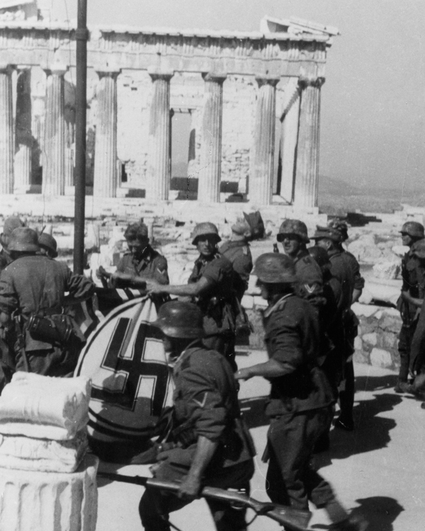 German soldiers raise the swastika at the Acropolis, Athens, April 1941