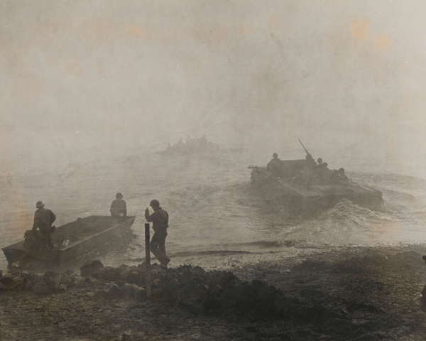 US 9th Army amphibious vehicles cross the Rhine under a smokescreen, March 1945