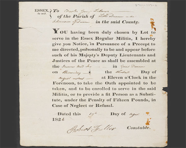 Charles Gray’s militia ballot form, ordering him to appear or find a substitute, 1826  
