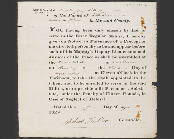 Charles Gray’s militia ballot form, ordering him to appear or find a substitute, 1826  
