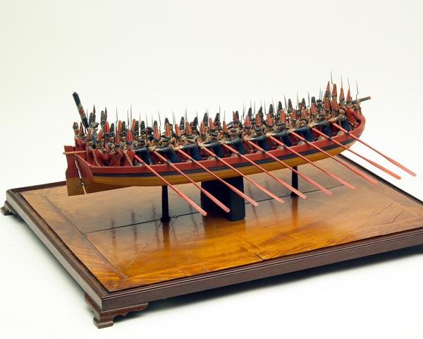 Model of a flat-bottomed landing craft of the type used during General Wolfe’s landing at Quebec, 1759