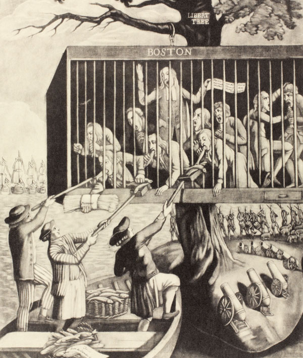 This cartoon, entitled ‘The Bostonians in Distress‘, symbolises the closing of the port by placing its inhabitants in a cage suspended from the Liberty Tree, c1774