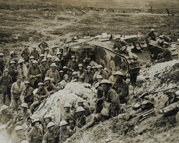 A Mark I tank surrounded by troops of 122nd Brigade, 17 September 1916