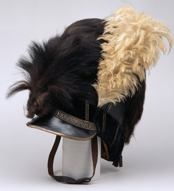 Helmet of the Buckingham Yeomanry Cavalry, inscribed ‘Buck’s Yeomanry strike home’, c1800. Soldiers from the yeomanry acted to deter grain rioters, suppress anti-militia disturbances and disperse mobs during industrial unrest. 