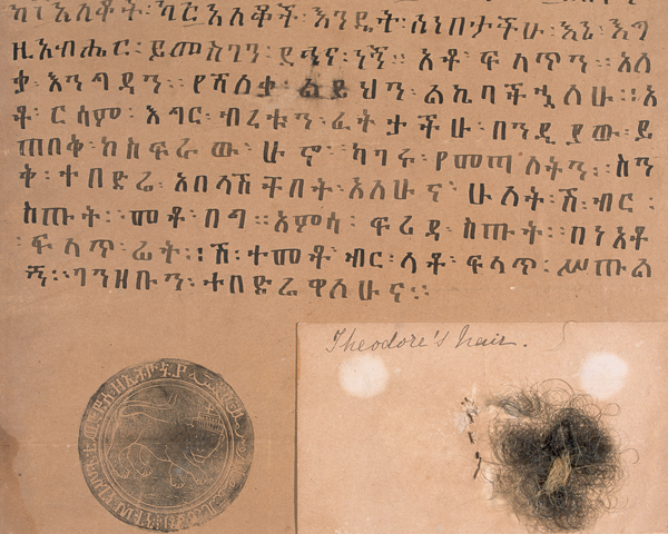 Letter bearing the great seal of King Theodore and a lock of his hair taken after death, 1868