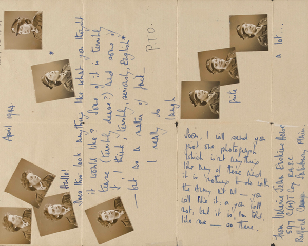 Letter covered in photographs of Valerie Erskine Howe sent to Anthony Ryshworth-Hill, April 1944