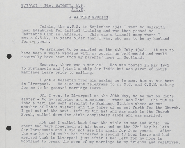Margaret Waddell’s account of her hasty marriage to Rob, written in 1988