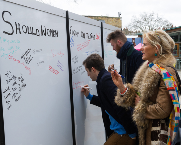 Members of the public have their say on the 'women in combat' debate, Chelsea, March 2017 