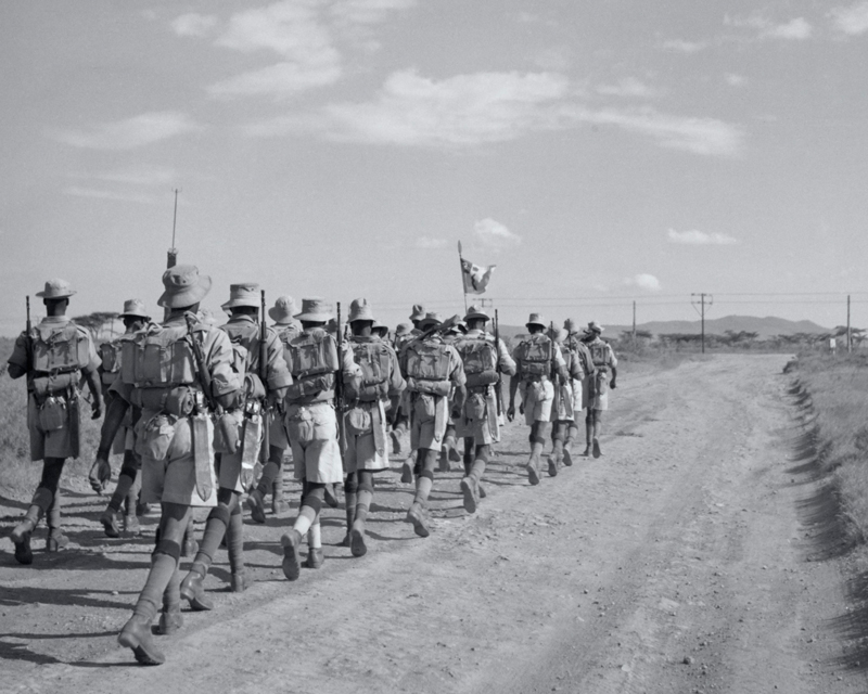 A platoon of ‘A’ Company, 4th King’s African Rifles, during a route march near Gilgil in Kenya, c1956