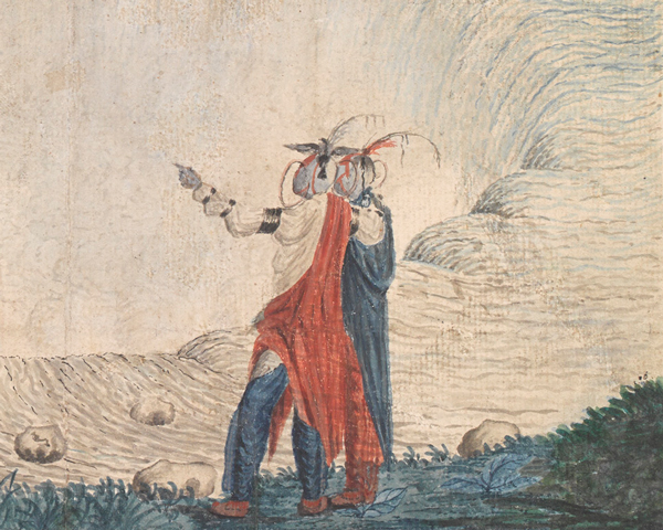 A scene depicting two Iroquois tribesmen from 'An East View of the Great Cataract of Niagara', 1762