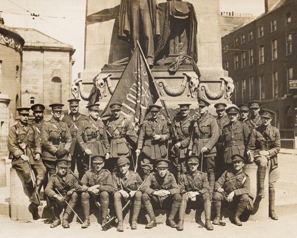 Officers of 3rd Battalion The Royal Irish Regiment with a captured Sinn Fein flag, Easter 1916