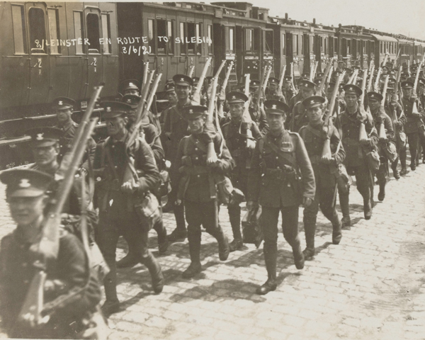 2nd Battalion, The Prince of Wales's Leinster Regiment (Royal Canadians), disembark from a train, Silesia, 1921