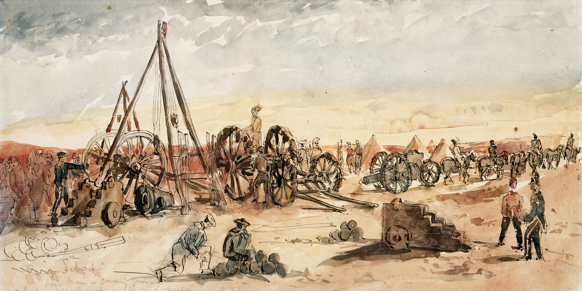 ‘Siege of Sebastopol – preparing a train for the trenches’ by Joseph Crowe, published in 'The Illustrated London News', 4 Nov 1854