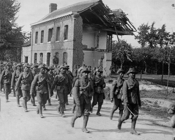 The Garhwal Rifles marching down La Bassee Road, 1915