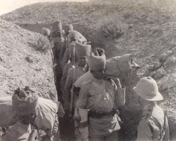 Indian troops passing through a communication trench on the Mesopotamian Front, 1917.