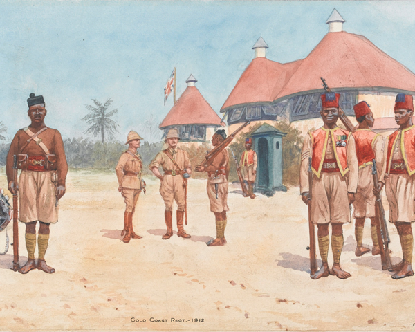 Soldiers of the Gold Coast Regiment outside the regimental HQ at Kumasi, 1912