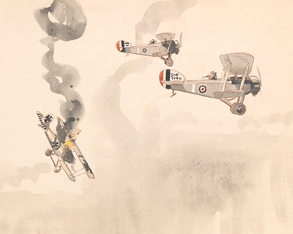 Two British fighters destroying a German fighter aircraft, By Lt R B Talbot Kelly, 1917