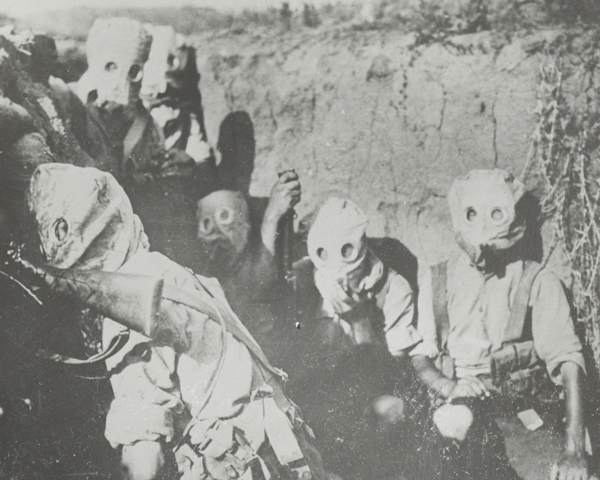 British troops wearing gas masks in the trenches, Salonika, 1917