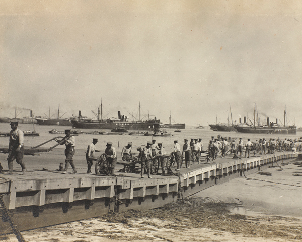 Landing troops from transports at Lao Shan Bay, September 1914