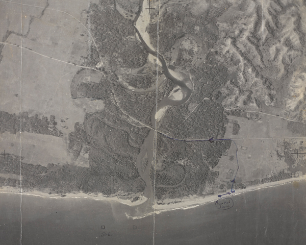 Aerial view of the Pendada River bridge, North Sumatra, destroyed by the Special Boat Section in 1944