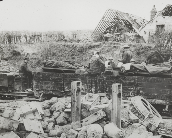 Wounded being moved by light railway near Feuchy, 29 April 1917