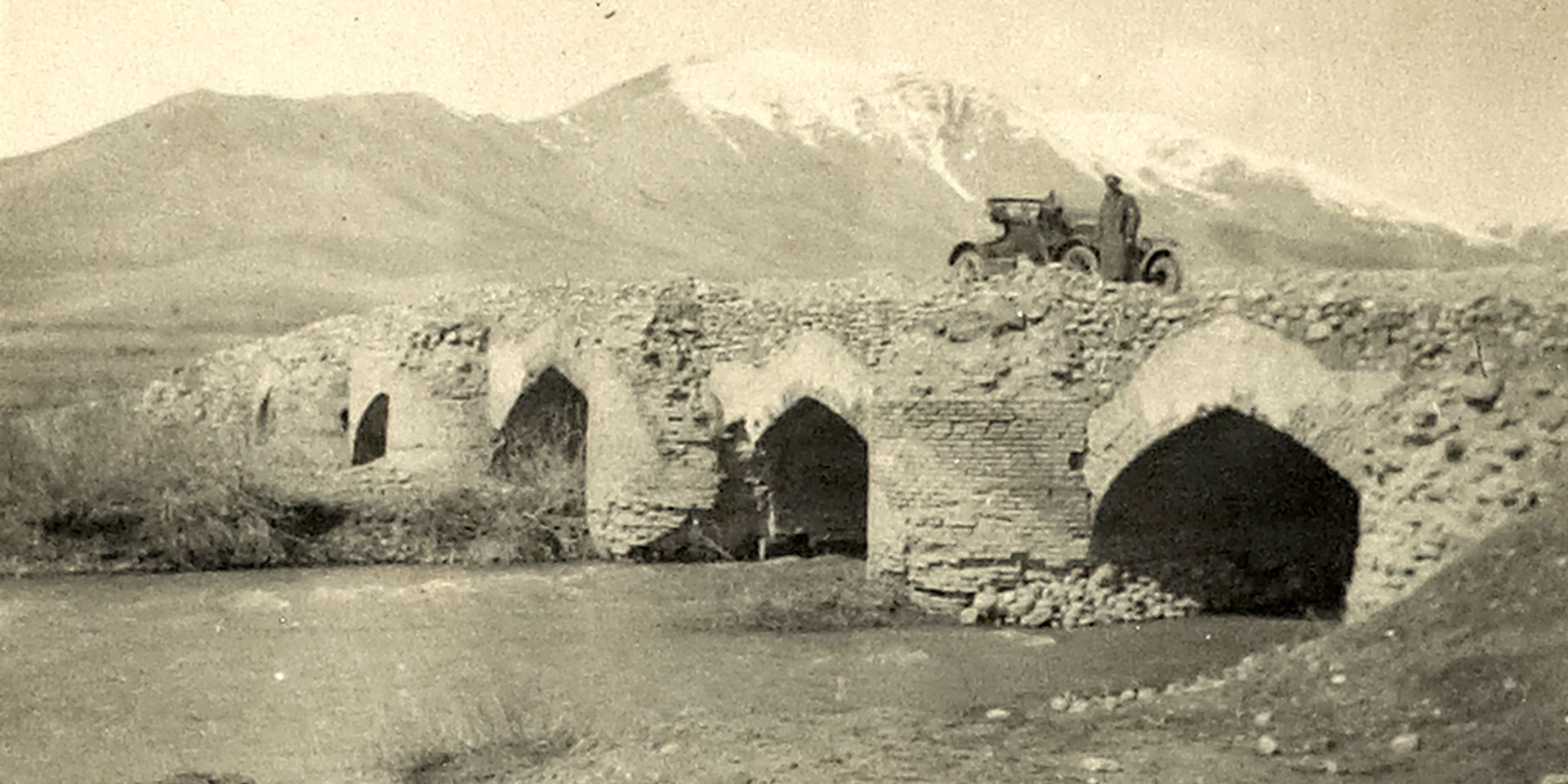 A Dunsterforce armoured car on a bridge on the Kermanshah-Hamadan Road, 1918