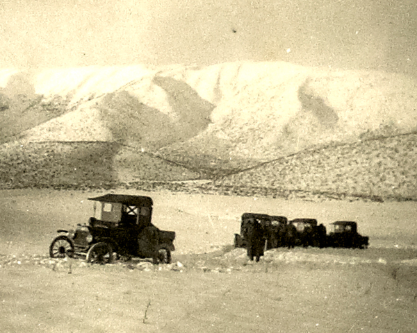 Ford vans struggling through deep snow in the high Persian passes, 1918