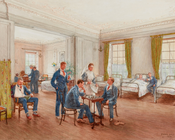 Convalescing soldiers playing chess in a ward at Sulhampstead House Hospital, Berkshire, 1918 