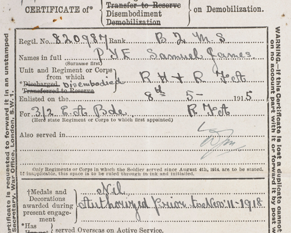 Battery Quartermaster Sergeant Samuel Pye's certificate of demobilisation, July 1919