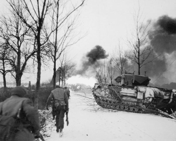 A Crocodile of 141st Regiment, RAC (The Buffs), supporting infantry, 1945 