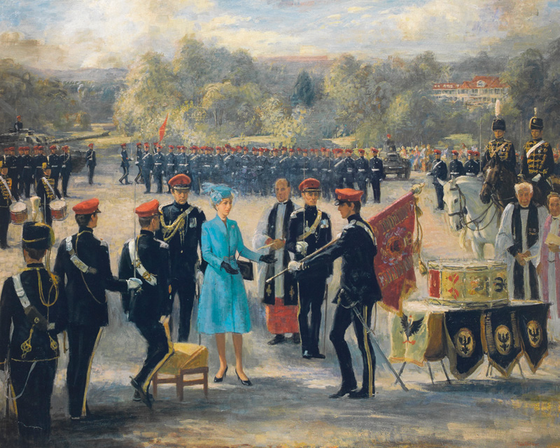Princess Anne, Colonel-in-Chief of the 14th/20th King's Hussars, presenting the regiment with a new Guidon at Hohne Camp, 1982