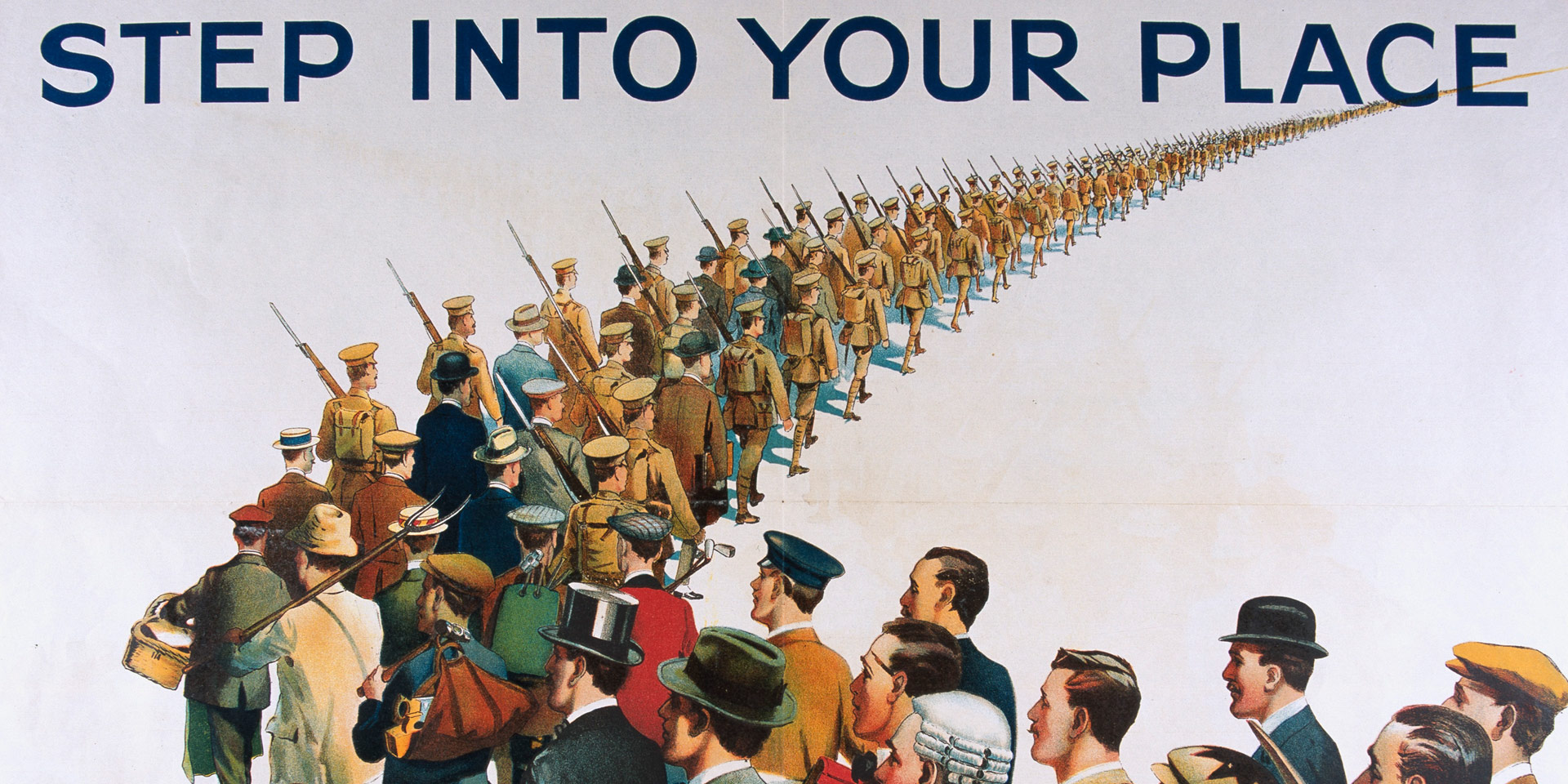 First World War recruiting poster showing a line of civilians turning into soldiers